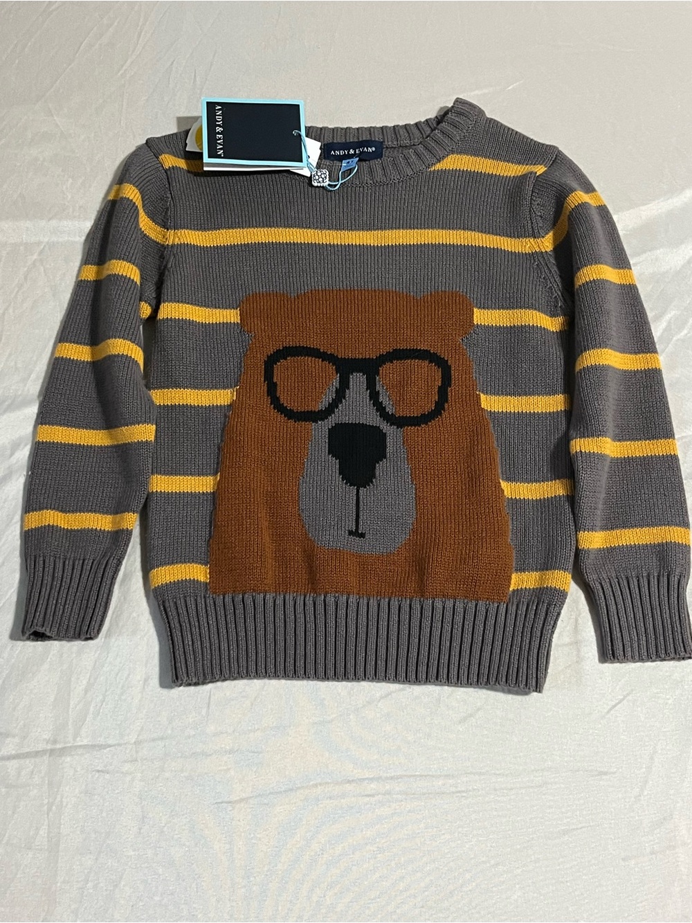 Andy & Evan Gray Sweater with Yellow Stripes and Bear Graphic Boys Size 4T NWT